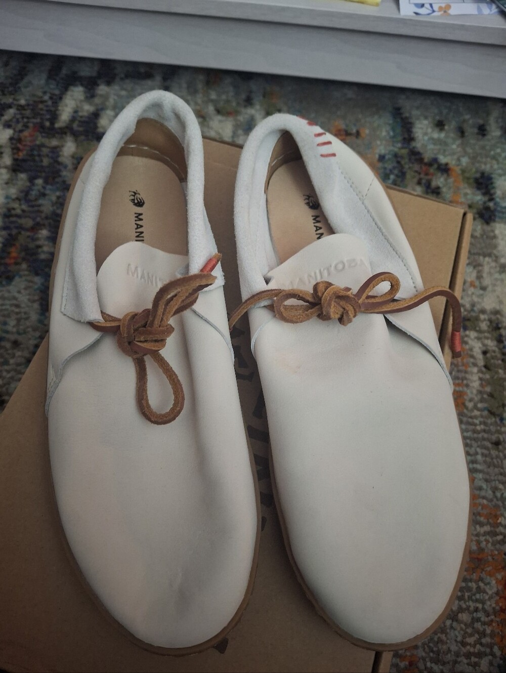 Manitobah White Leather Moccasin Flats with Brown Lace